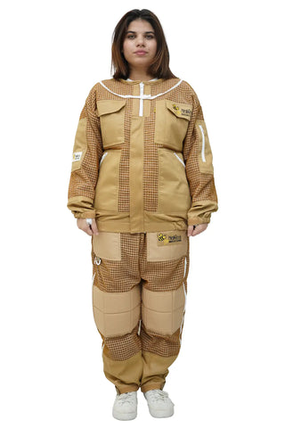  Female beekeeper in khaki 3-layer mesh beekeeping jacket and trousers set front view without veil