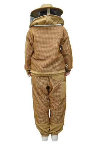 Back view of female beekeeper in khaki 3-layer mesh beekeeping jacket and trousers with round hat veil