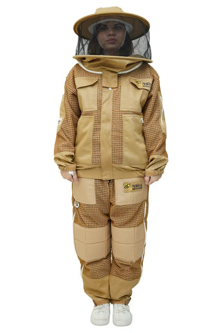 Female beekeeper in khaki 3-layer mesh beekeeping jacket and trousers set with round hat veil front view