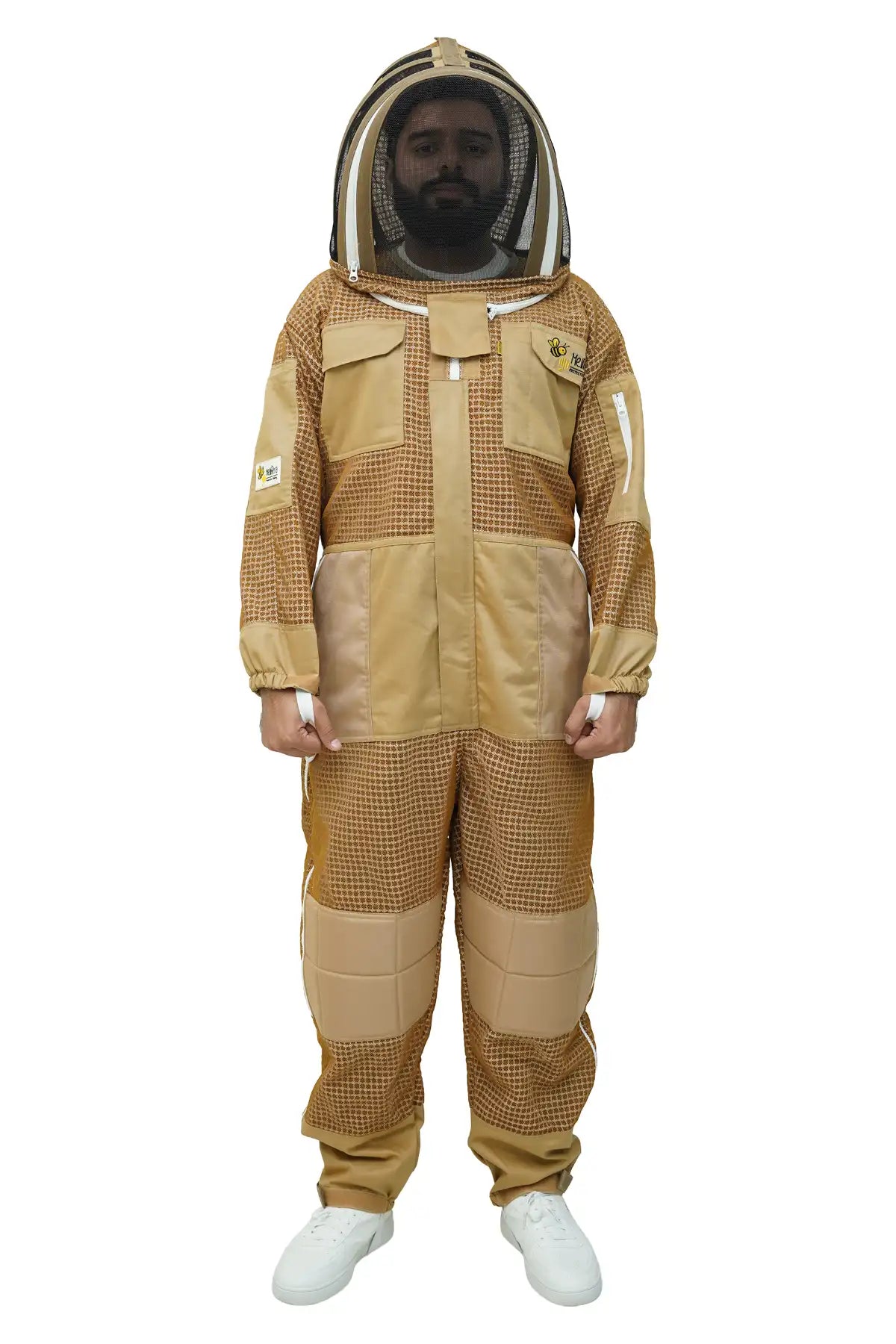 Khaki 3-layer super cool mesh beekeeping suit with fencing veil – full body front view – sting-proof ventilated beekeeper suit for men – USA