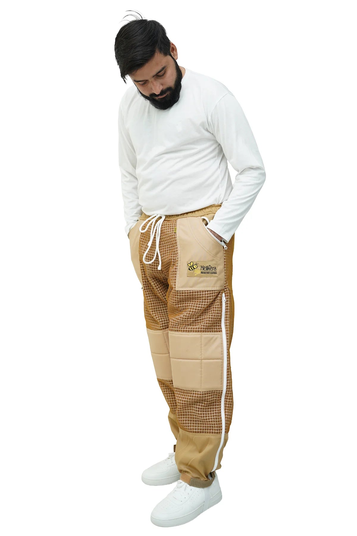 Khaki 3 layer ventilated mesh beekeeping trousers side view
