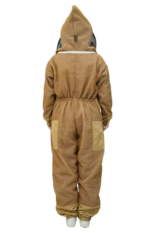 Back view of khaki 3-layer mesh beekeeping suit with fencing veil and elasticated waist – full body back coverage – women's beekeeper suit – USA