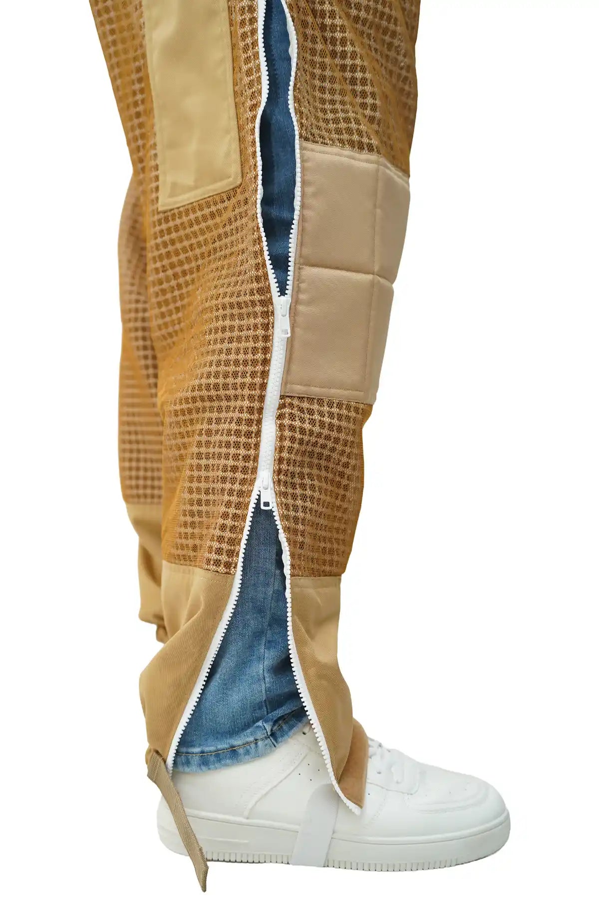 Khaki 3-layer mesh beekeeping suit with full-length side leg zipper open – wear over regular clothes – easy entry beekeeper suit design – USA