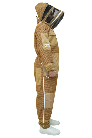 Side profile view of men's khaki 3-layer mesh beekeeping suit with fencing veil – showing arm pocket label and leg zipper detail – USA
