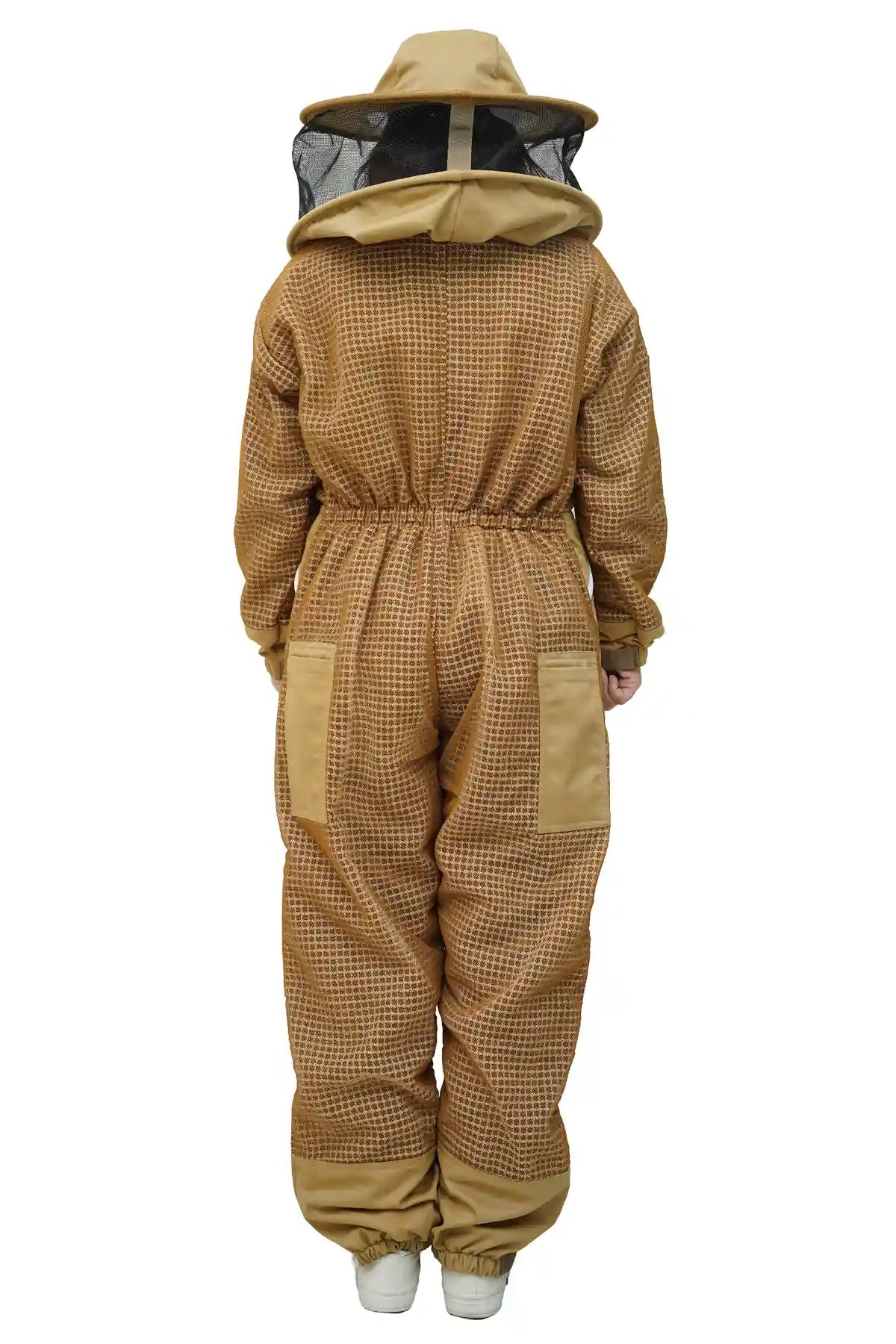 Back view of women's khaki ventilated mesh beekeeping suit with round veil – elasticated waist and rear patch pockets – USA
