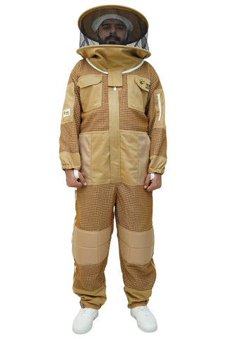 Men's khaki 3-layer mesh beekeeping suit with round 360-degree veil – full body front view – sting-proof professional beekeeper suit – USA