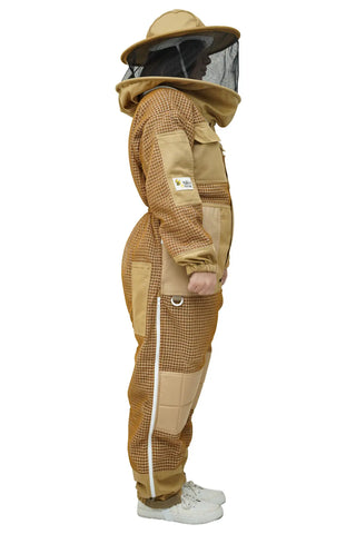 Side profile view of women's khaki 3-layer mesh beekeeping suit with round hat veil – showing leg zipper and knee padding – USA