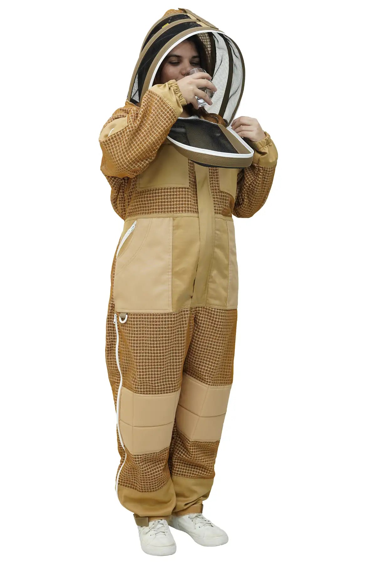 Woman wearing khaki mesh beekeeping suit with fencing veil flipped open for water break – dual veil beekeeping suit for women – USA