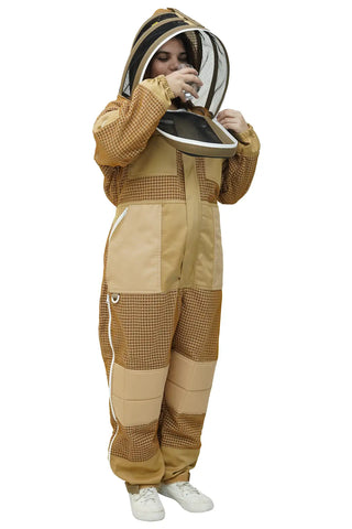 Woman wearing khaki mesh beekeeping suit with fencing veil flipped open for water break – dual veil beekeeping suit for women – USA