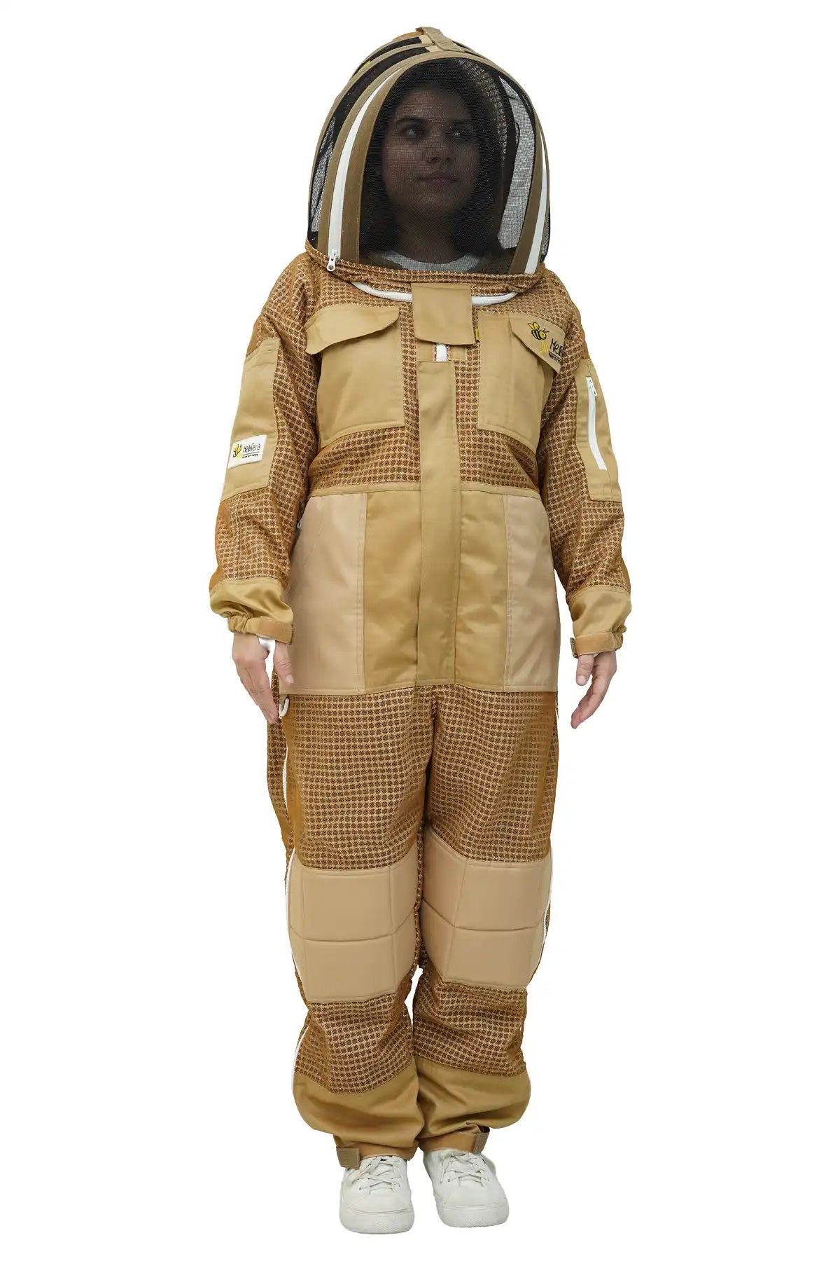Women's khaki 3-layer super cool mesh beekeeping suit with fencing veil – front full body view showing reinforced knee panels – USA