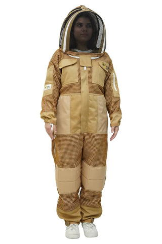 Women's khaki 3-layer super cool mesh beekeeping suit with fencing veil – front full body view showing reinforced knee panels – USA