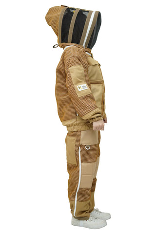 Side view of beekeeper in khaki 3-layer mesh beekeeping jacket and trousers with fencing veil