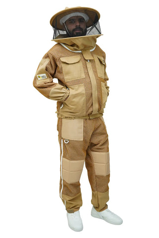 Male beekeeper in khaki 3-layer mesh beekeeping jacket and trousers with round hat veil