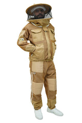 Male beekeeper in khaki 3-layer mesh beekeeping jacket and trousers with round hat veil