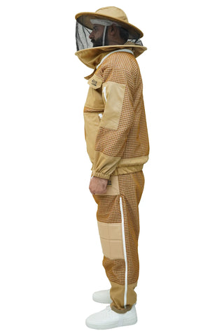  beekeeper in khaki 3-layer mesh beekeeping jacket and trousers with round hat veil side view