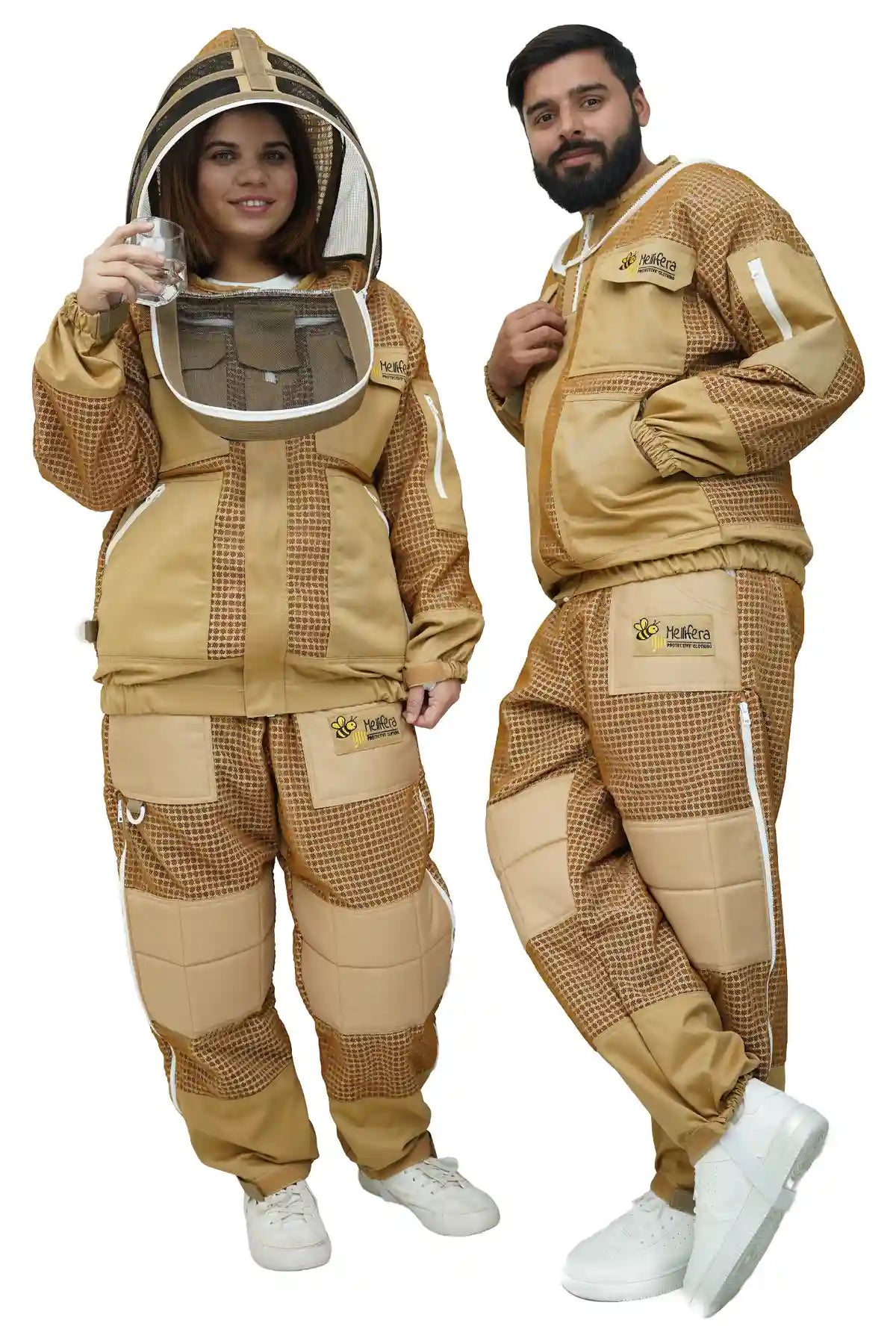 Male and female models in khaki 3-layer mesh beekeeping jacket and trousers set with dual veils