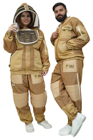 Male and female models in khaki 3-layer mesh beekeeping jacket and trousers set with dual veils