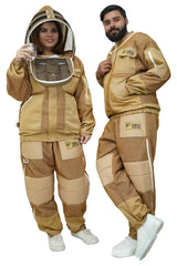 Male and female models in khaki 3-layer mesh beekeeping jacket and trousers set with dual veils