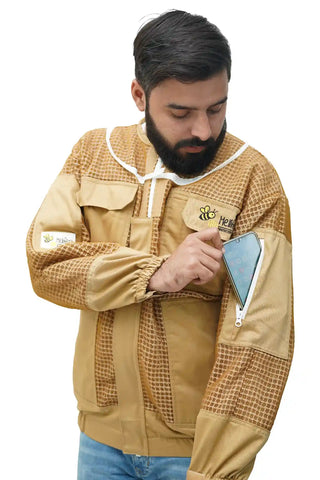 Male beekeeper in khaki 3-layer mesh beekeeping jacket showing zippered arm pocket with smartphone 