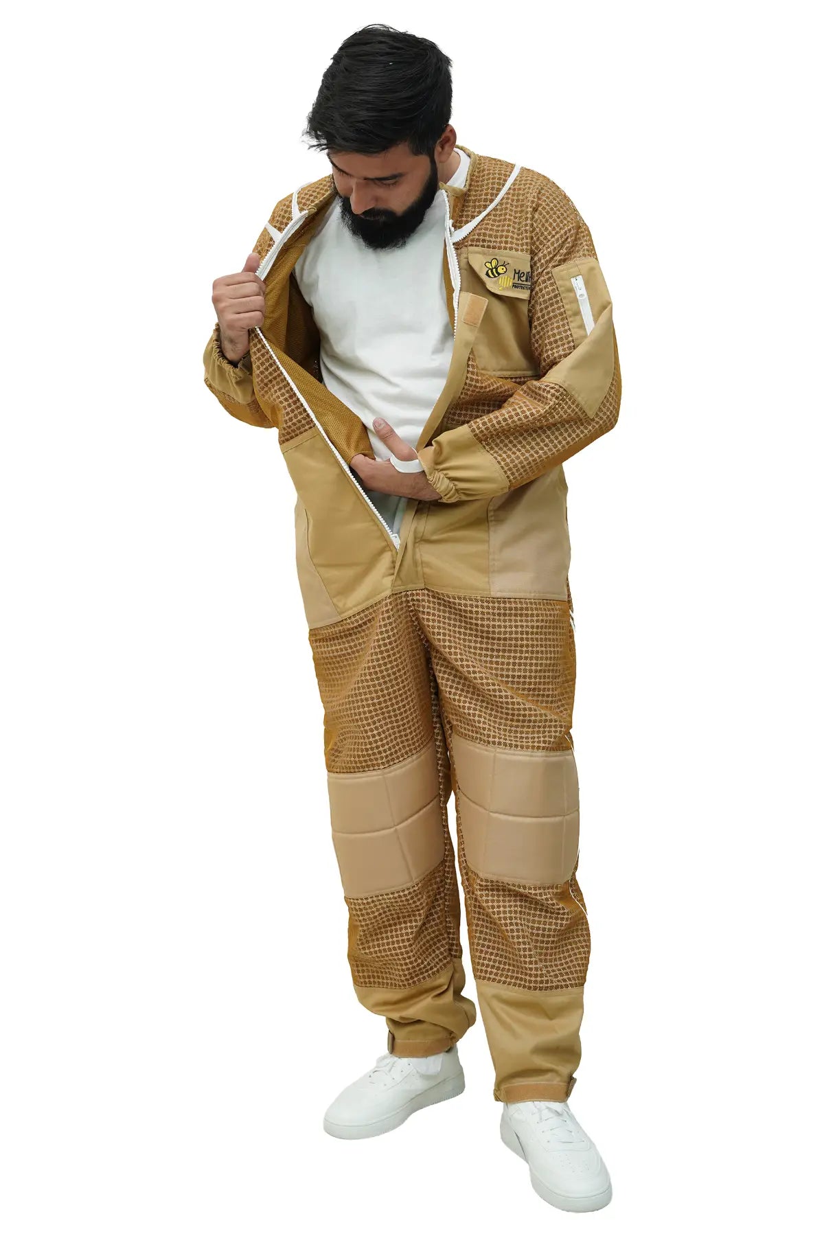  Man unzipping khaki 3-layer mesh beekeeping suit showing front zipper and breathable inner mesh lining – easy on and off design – USA