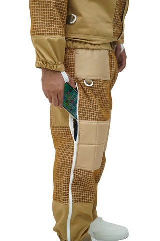 Close-up of khaki mesh beekeeping trousers with side zipper open and smartphone in thigh pocket
