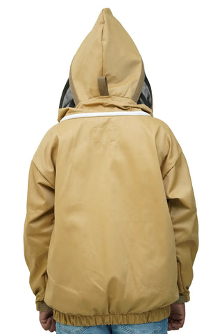 Khaki poly cotton beekeeping jacket back view with the veil hood folded up at the back