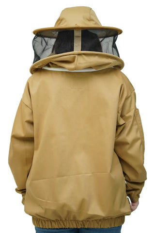 Khaki poly cotton beekeeping jacket back view with the round hat veil
