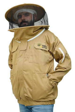 Khaki poly cotton beekeeping jacket front view with the round hat veil