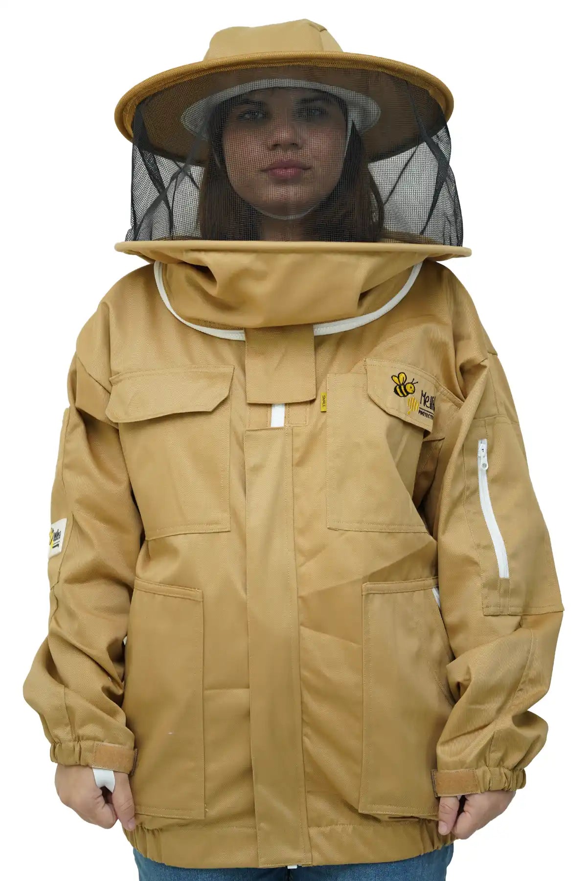 Khaki poly cotton beekeeping jacket front view with the round hat veil