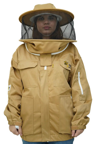 Khaki poly cotton beekeeping jacket front view with the round hat veil
