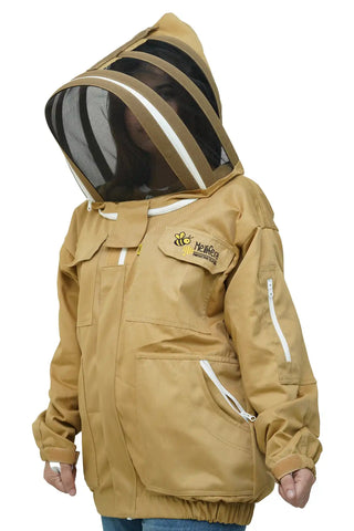 Khaki poly cotton beekeeping jacket side view with the fencing veil
