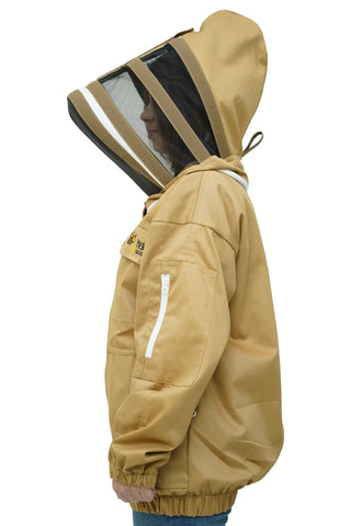Khaki poly cotton beekeeping jacket side view with the fencing veil