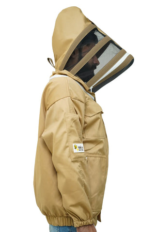 Khaki poly cotton beekeeping jacket side view with the fencing veil