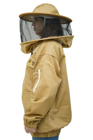 Khaki poly cotton beekeeping jacket side view with the round hat veil