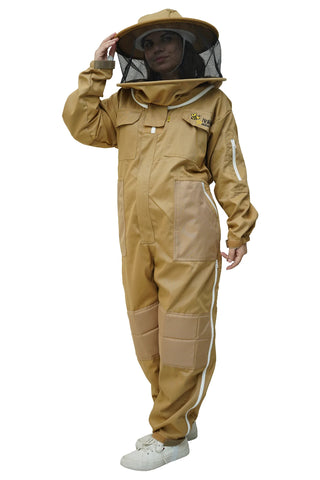 Beekeeper putting on the round hat veil of the khaki poly cotton beekeeping suit, front view