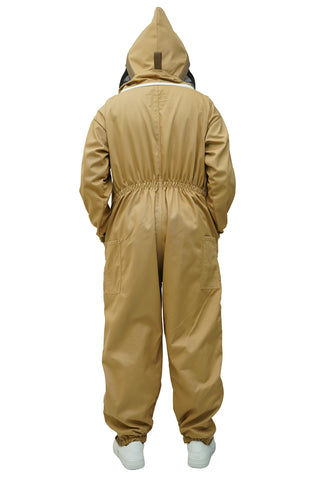 Khaki poly cotton beekeeping suit back view with the veil hood folded up at the back
