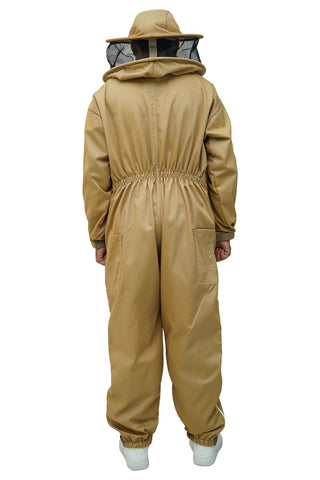 
Khaki poly cotton beekeeping suit back view with the round veil

