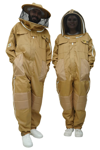 Khaki poly cotton beekeeping suit shown on two models wearing the fencing veil and the round hat veil
