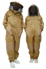 Khaki poly cotton beekeeping suit shown on two models wearing the fencing veil and the round hat veil