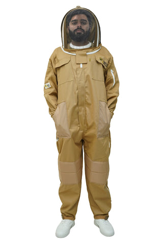 Khaki poly cotton beekeeping suit front view with the fencing veil