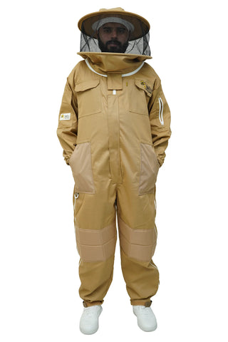 Khaki poly cotton beekeeping suit front view with the round hat veil
