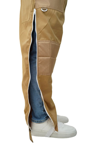 Close-up of the full length leg zipper on the khaki poly cotton beekeeping suit