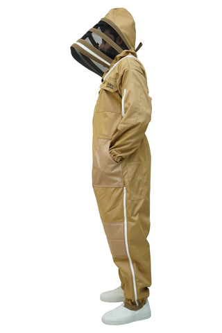 Khaki poly cotton beekeeping suit side view with the fencing veil