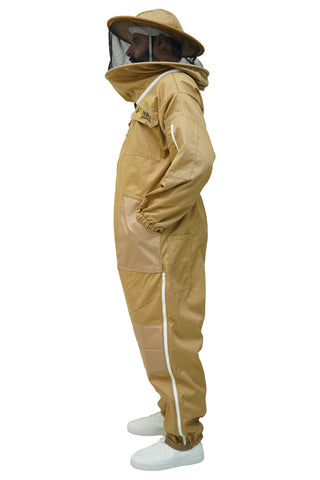 Khaki poly cotton beekeeping suit side view with the round hat veil