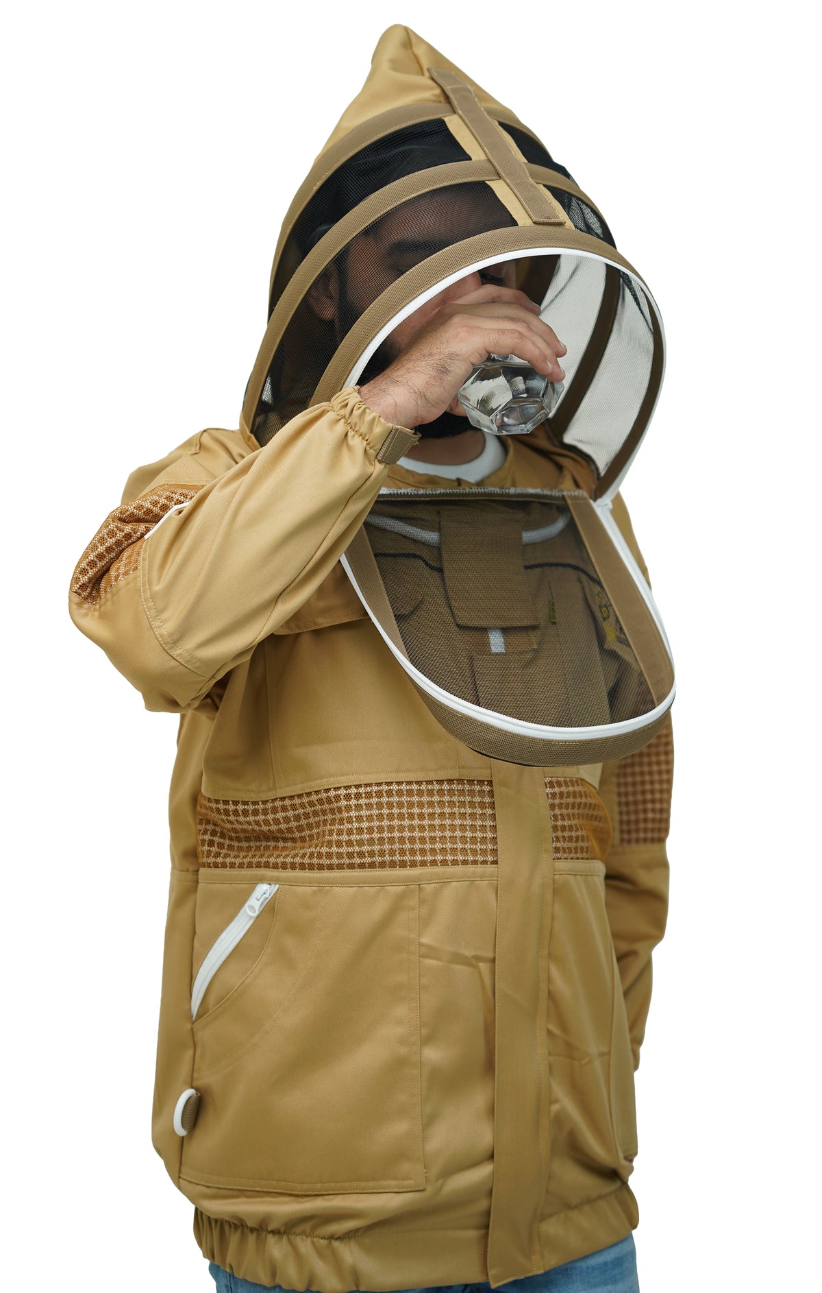 Khaki Poly-Cotton Semi-Ventilated Beekeeping Jacket With Dual Veils, Gloves