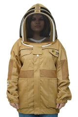 Khaki poly cotton semi ventilated beekeeping jacket front view with the fencing veil