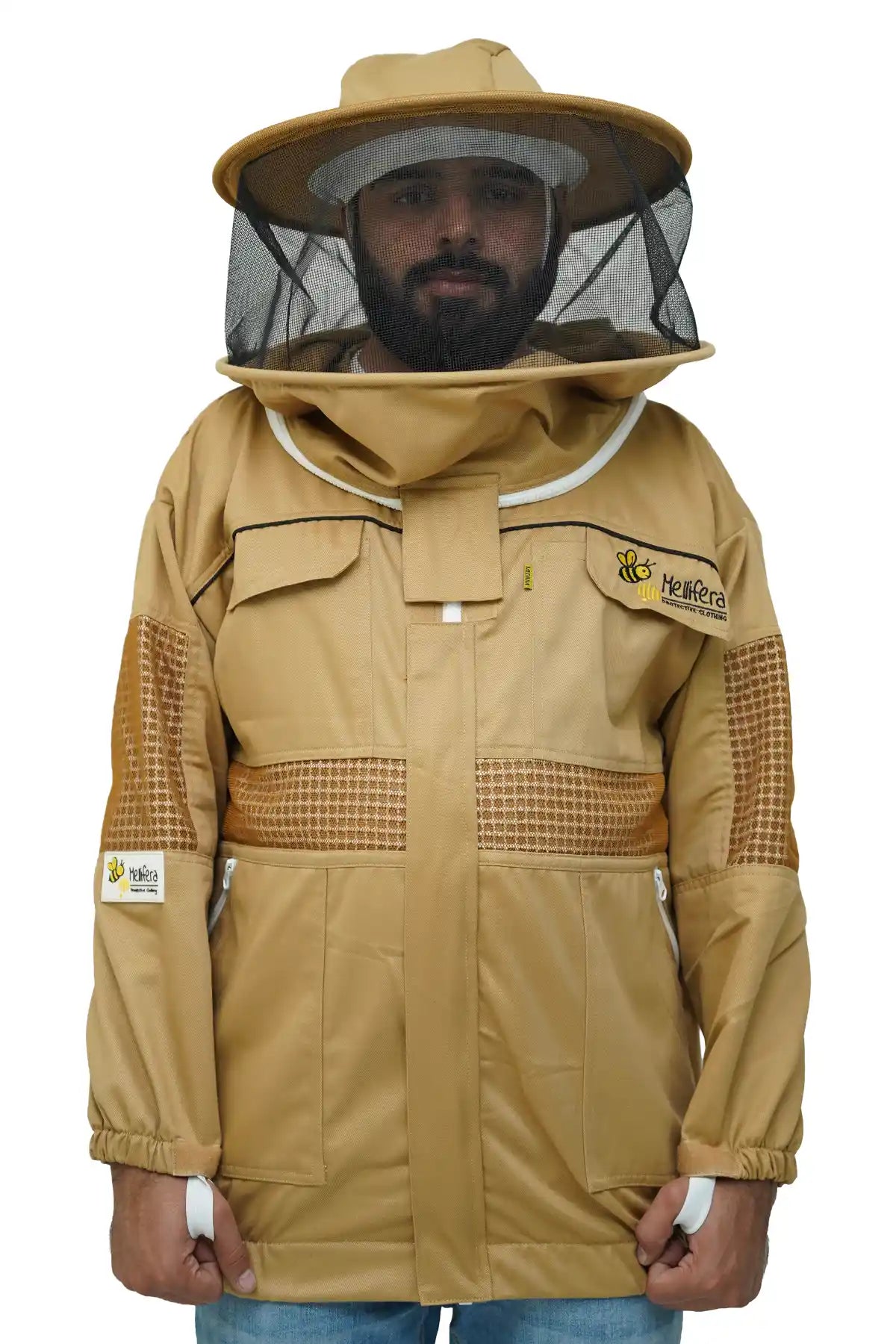 Khaki poly cotton semi ventilated beekeeping jacket front view with the round hat veil