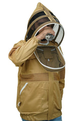 Beekeeper drinking water through the round veil of the khaki poly cotton semi ventilated beekeeping jacket