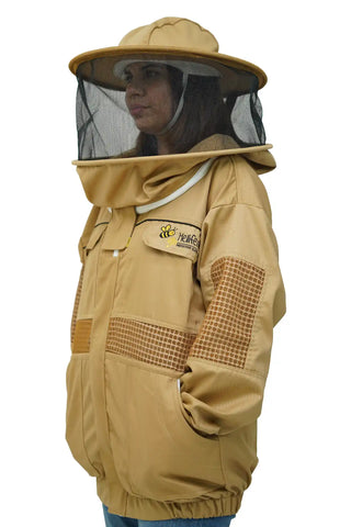 Khaki poly cotton semi ventilated beekeeping jacket side view with the round hat veil
