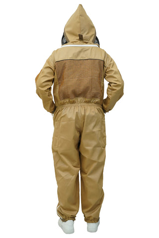 Khaki poly cotton semi ventilated beekeeping suit back view with the veil hood folded up at the back